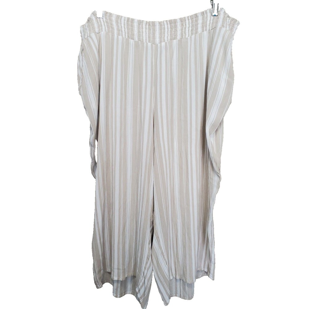 Catherines Tan/White Striped Rayon Cropped Wide-Leg Pull-On Pants Size 2XWP